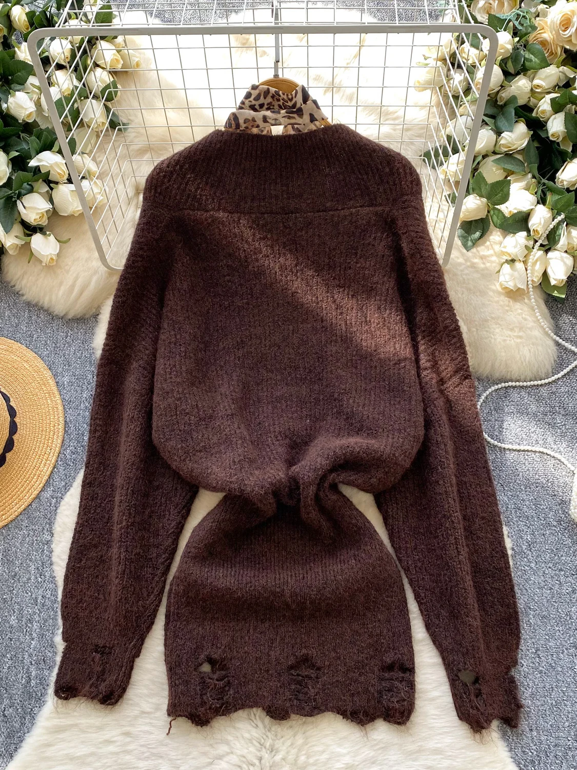 Pull moulant à la mode V-ne Long Sve Wrap taille Dr avec écharpe ensemble deux pièces taille haute ligne a trajet d'été coréen S...
