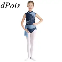 Kids Girls Shiny Rhinestone Ballet Dance Figure Skating Skirted Leotard Sheer Mesh Cutout Back Rhythmic Gymnastics Bodysuit