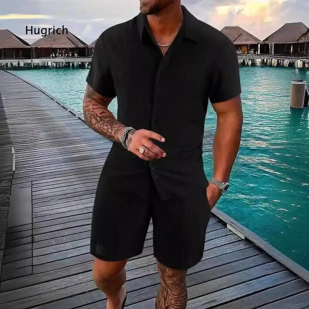 Mens Vacation Matching Outfit Vertical Striped Lapel Short Sleeve Shirt And Comfort Drawstring Shorts For Fashion Summer Looks