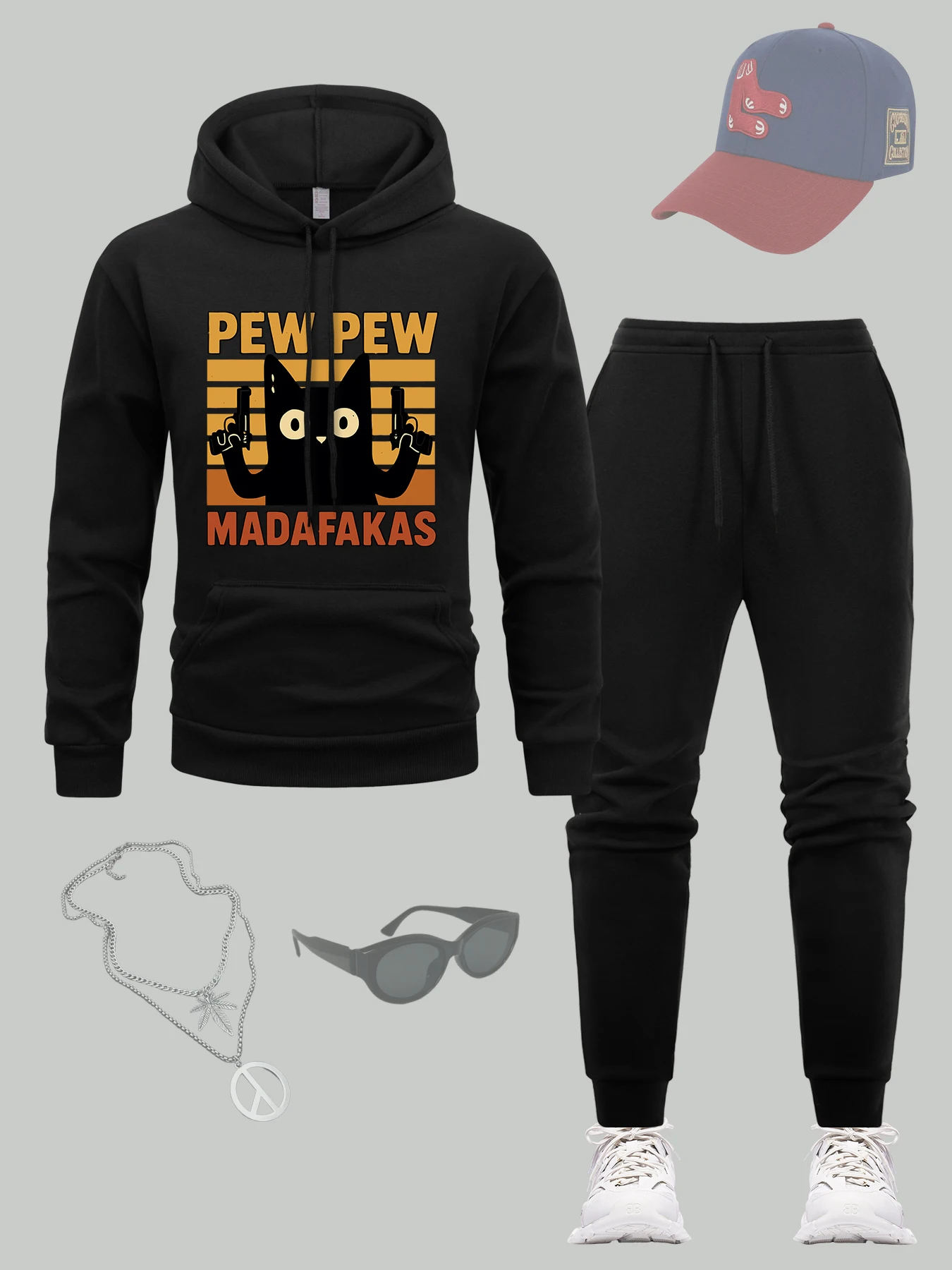 

Madafakas Double Gun Cat Print Мужской костюм с капюшоном Винтаж Удобные спортивные штаны Уличный повседневный спортивный костюм Флисовая осенняя одежда Комплект из 2 предметов