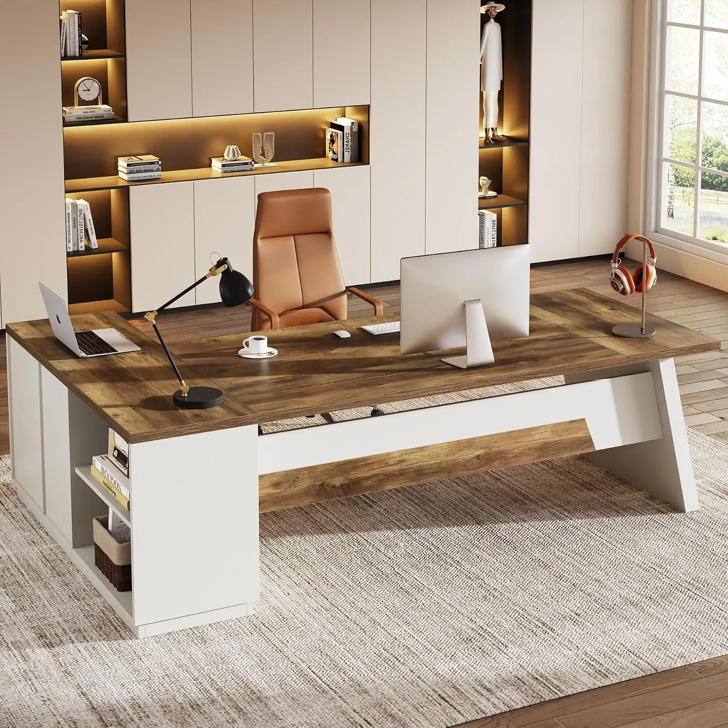 L-Shaped Executive Desk with Drawers & File Cabinet, Office Storage Shelves Computer Workstation for Home Office, Customized
