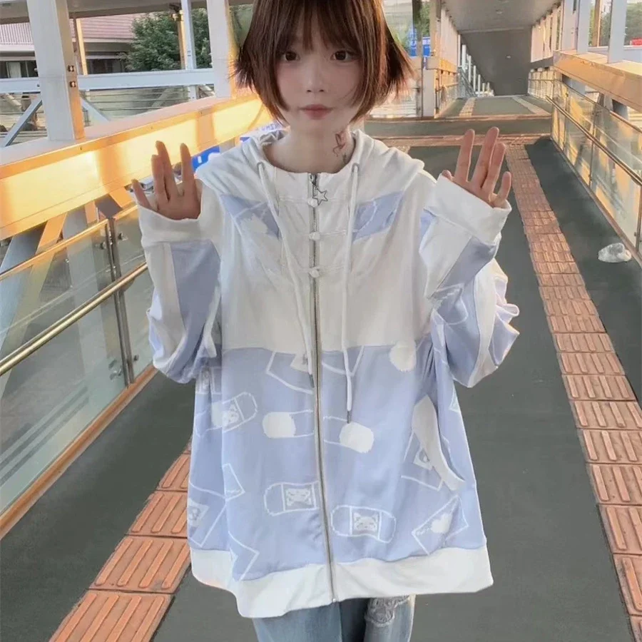 

Harajuku уличный стиль ретро одинакового цвета пальто свободный Y2K субкультура мультфильм куртка с принтом повседневная универсальная куртка с капюшоном с кошачьими ушками