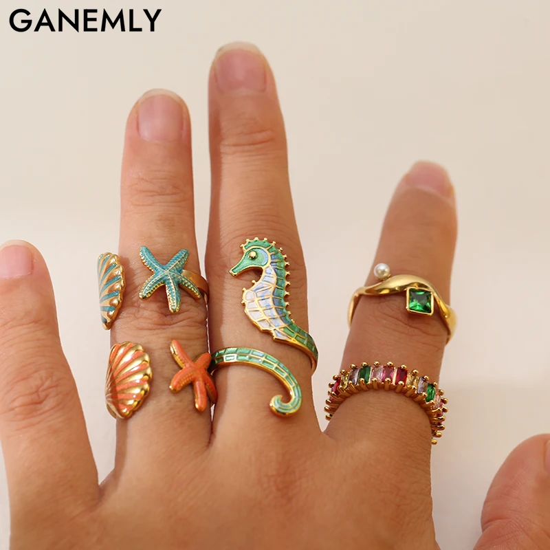 

GANEMLY 316L Stainless Steel Seahorse Starfish Shell Ring Ocean Style Adjustable Finger Ring Women's Water Resistant Jewelry