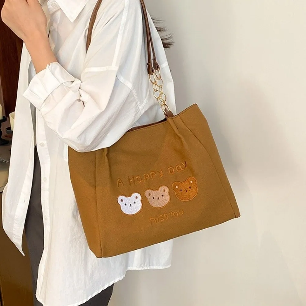 

Temperament Printed Bear Shoulder Bag Korean Style Large Capacity Cartoon Tote Bag Solid Color Versatile Canvas Handbag Girls