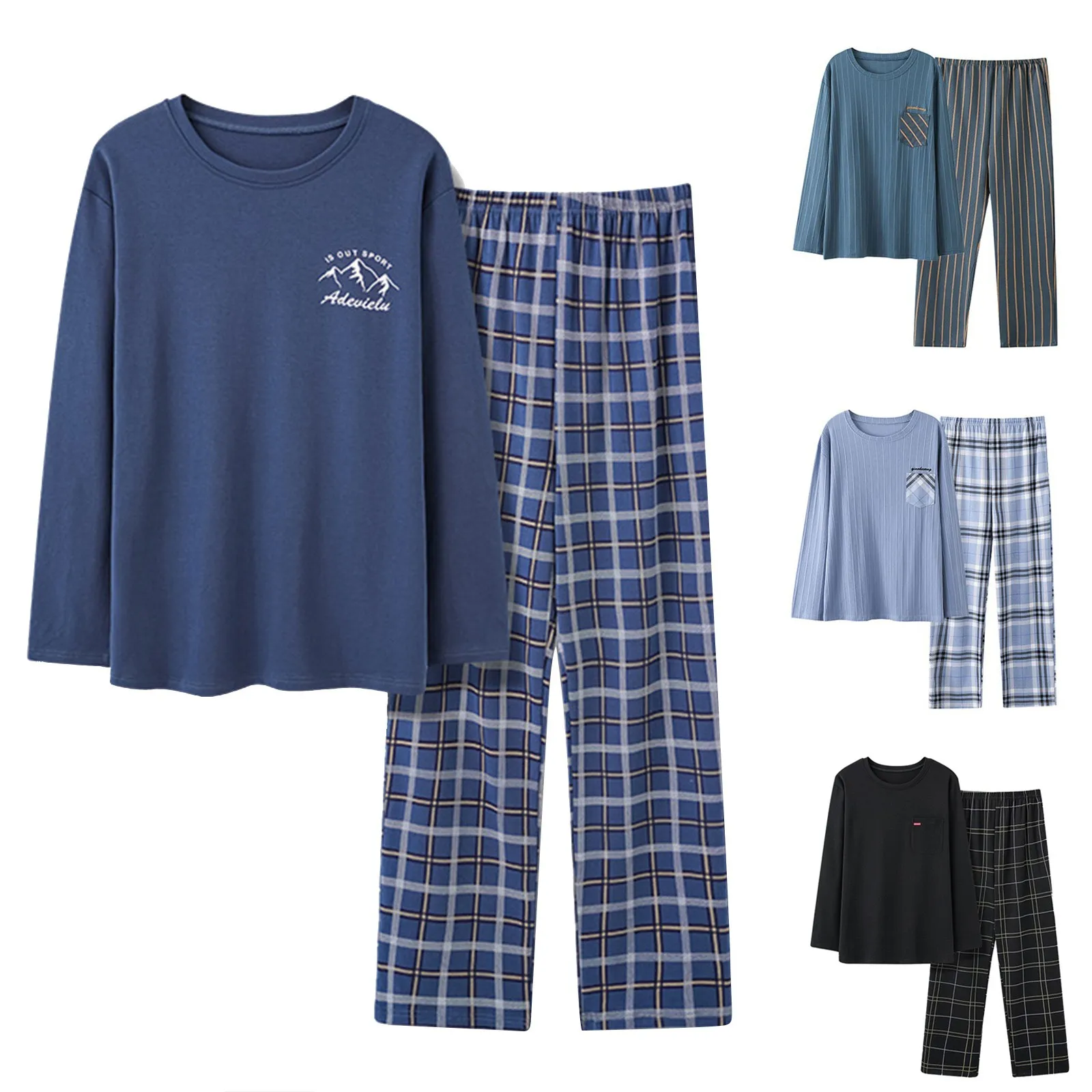 Spring Autumn Men's Striped 2 Piece Pajamas Set Round Neck Long Sleeve T-shirt And Trousers Set Loungewear Men's Pyjamas