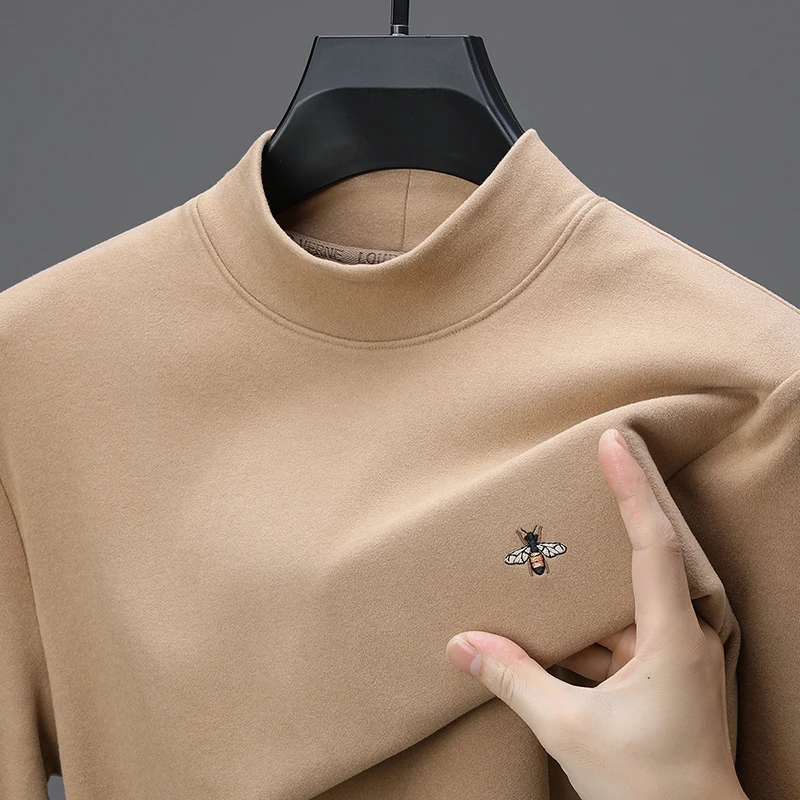 

Man Luxury Long Sleeves T-Shirt Double-Sided Velour Mock Neck Bee Embroidery Letters Autumn Colorfast Warm Leisure Mens Clothing