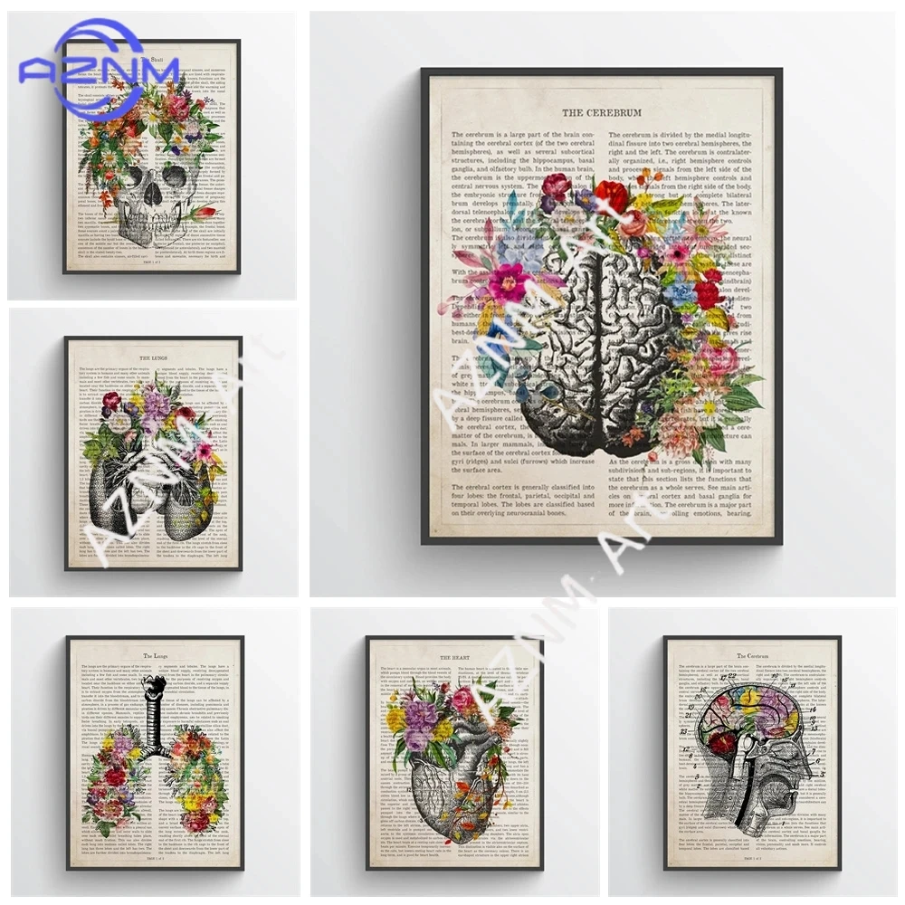 Vintage-Poster mit menschlicher Anatomie und Blumen, Kunstdruck auf Leinwand, medizinisches Herz-Anatomie-Wandbild für Krankenhaus- und Klinikdekoration