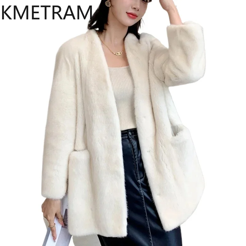 Real Mink Fur Coat Women Luxury V Neck Fur Jacket Winter New in Outerwears High Quality Womans Clothing Fourrures Femmes 2024