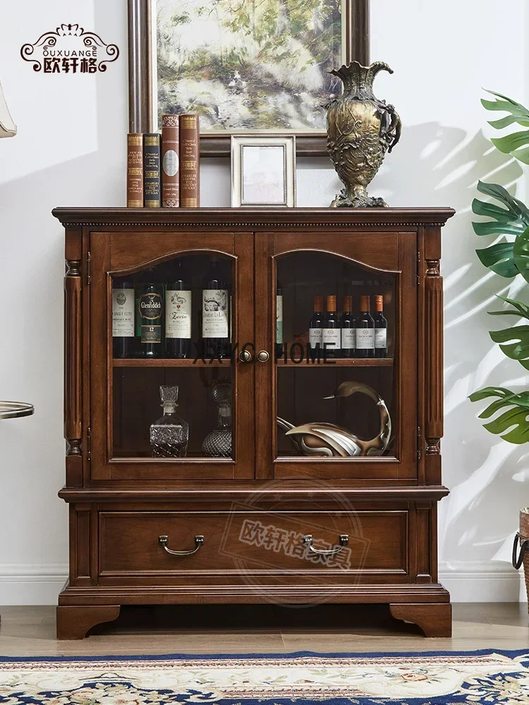 

American-Style Solid Wood Wine Cabinet Double Door with Glass Wine Cabinet Display Locker