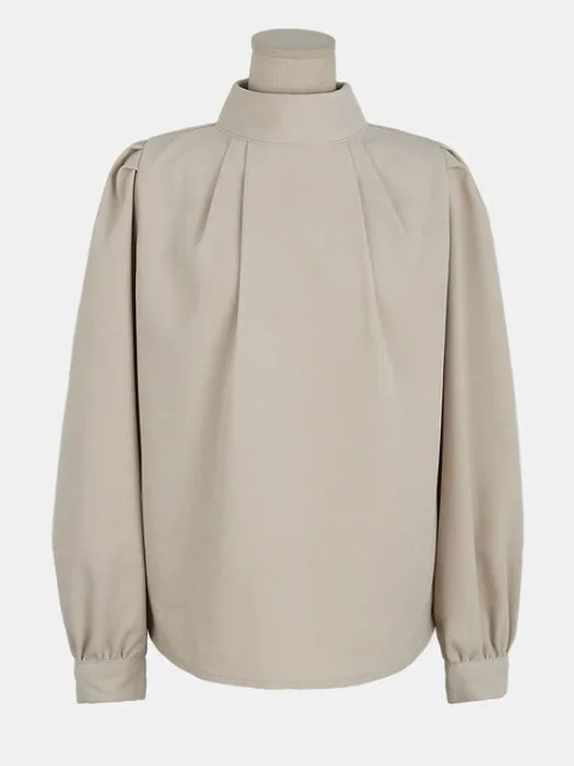 Ele Korean Sle Damska bluzka z długim rękawem, stójką, delikatnie plisowana, uniwersalna, codzienna, modna na wiosnę, lato i jesień.