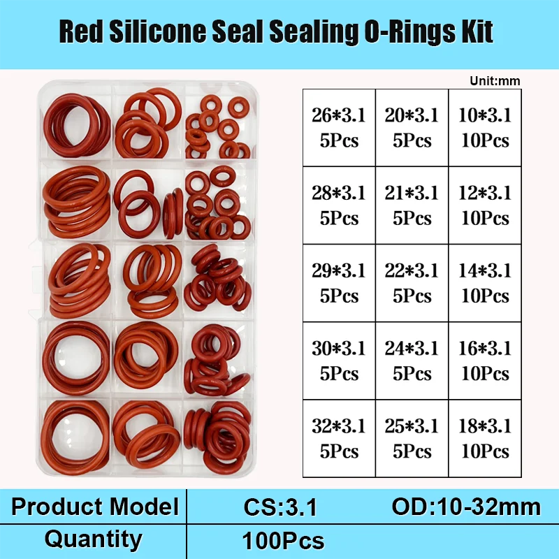 Roter Silikon-O-Ring-Satz CS 1/1,5/2,0/2,4/3 VMQ Dichtung Dichtungsscheibe O-Ring-Unterlegscheibe Sanitärdichtung Ölbeständig Hohe Temperatur – Detail 8