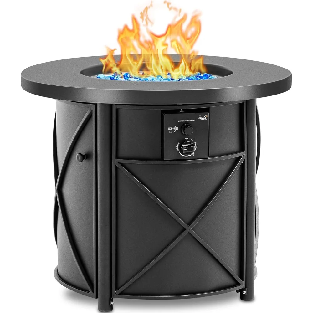 

Outdoor Fire Pit Table, 30 Inch Round Gas, 50,000 BTU Propane Column with Fire Glass, Fire Pit