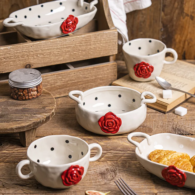 French Vintage Polka Dot Rose Ceramic Tableware, Home Underglaze Salad Bowls,Double Ear Bowl, Dessert Baking Tray Dinner Plates