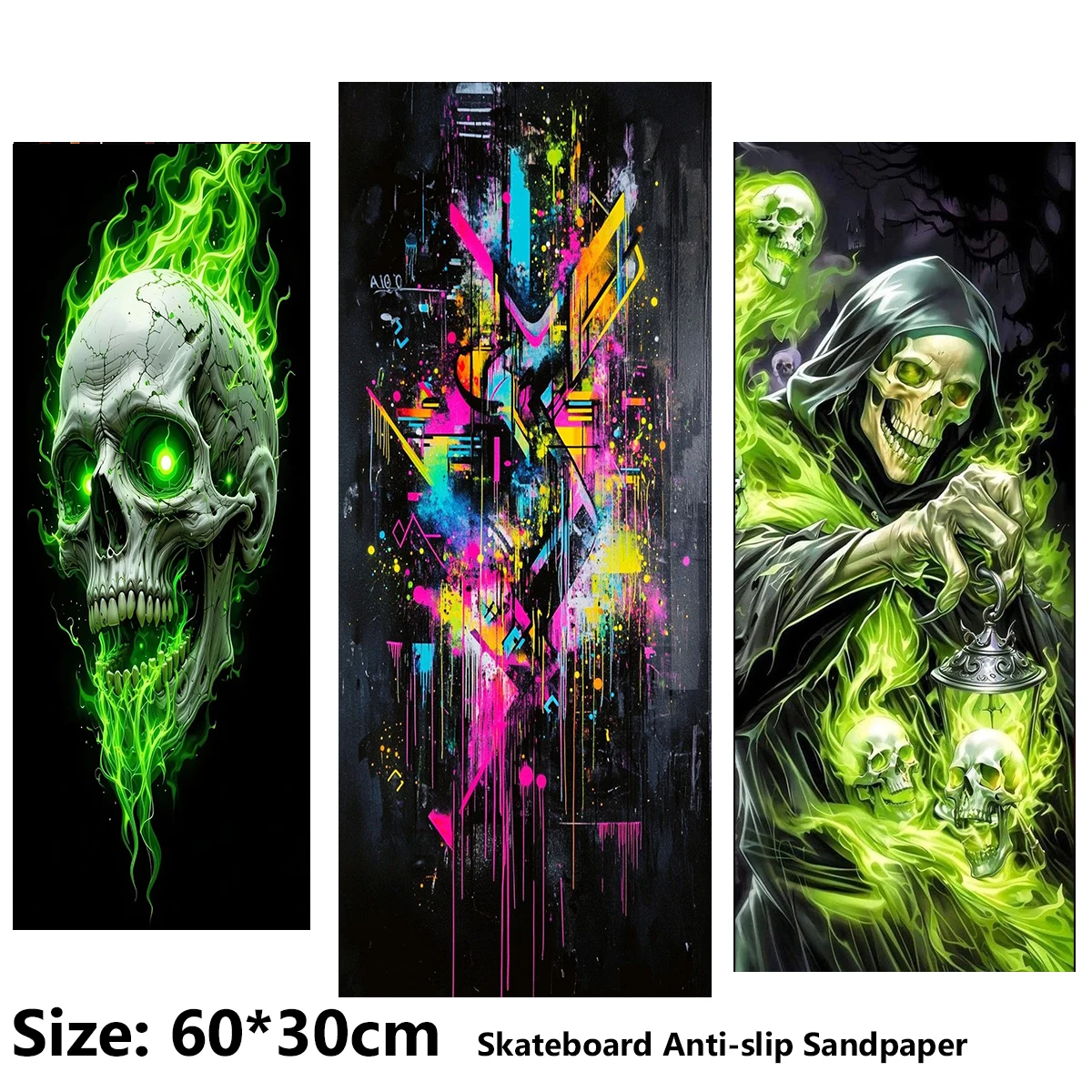 

Electric Scooter Anti-slip Sticker Sandpaper Skateboard GripTape Sheet 60*30cm Green Skull Graffiti Pattern