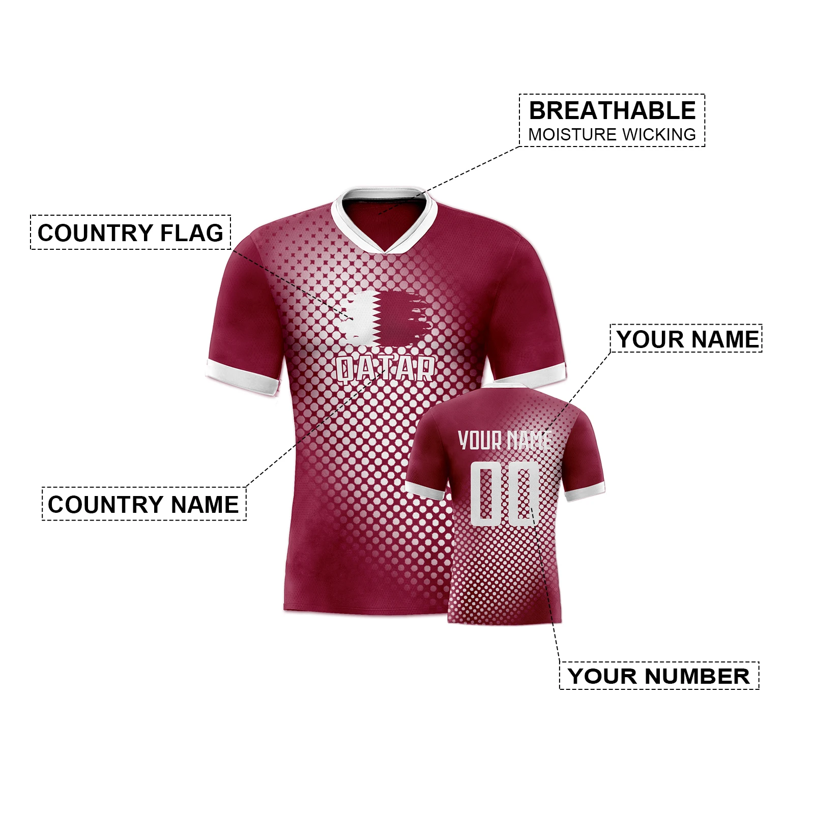 Personalized Qatar Soccer Jersey for Men Women Youth Fans Gift Quick-Dry Football Shirt Custom Name Number Breathable Sportswear