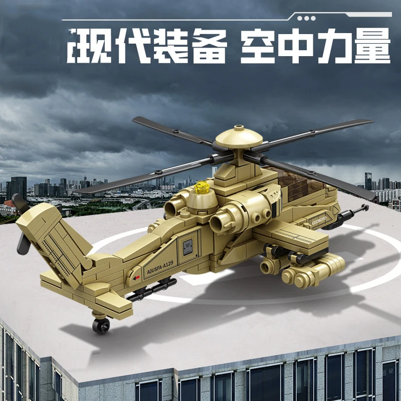 Military Helicopter AH-64 gunships Mi-28 Havoc Eurocopter Tiger building blocks war army fighter plane Hind Transport city Toys