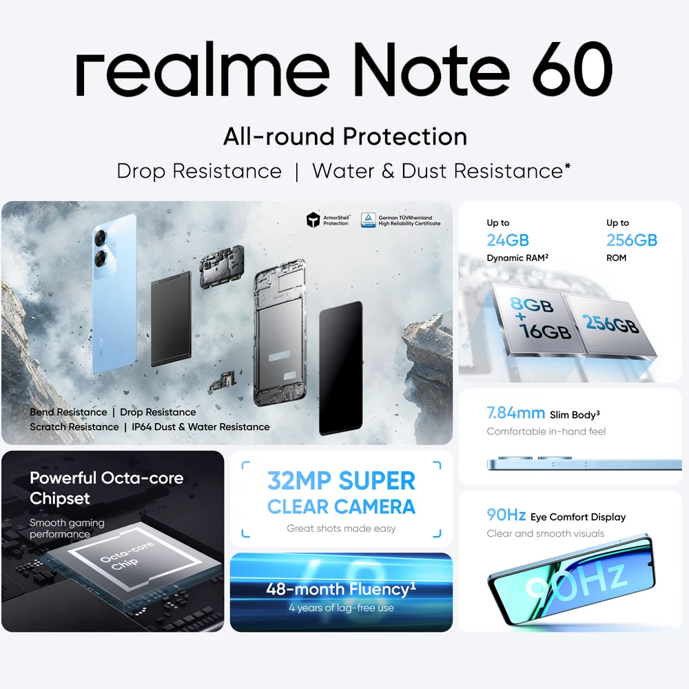 [World Premiere] realme Note 60 32MP Camera 5000mAh Battery Smartphone 6.74'' 90Hz Display UNISOC T612 Octa-core Processor IP64