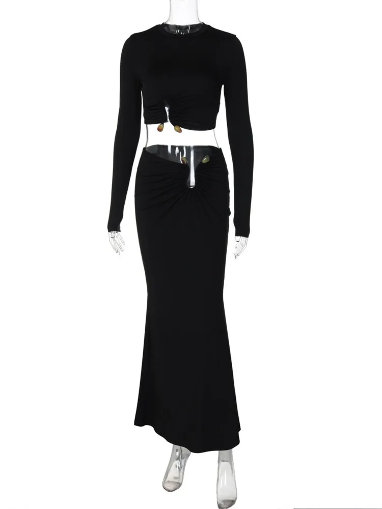 Mozision Autumn Winter Skirt Two Pieces Sets Women Sexy Long Sleeve Crop Tops And Elegant Maxi Skirt Sets Ladies Holiday Sets