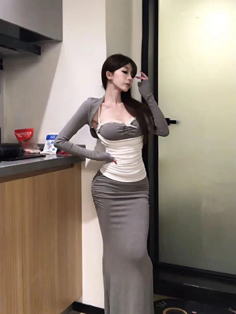 

KING BRAND Women's Long Sve Color Blo Vest Cardigan Skirt Tee Piece Set Spring Summer Autumn Seasonal Ele