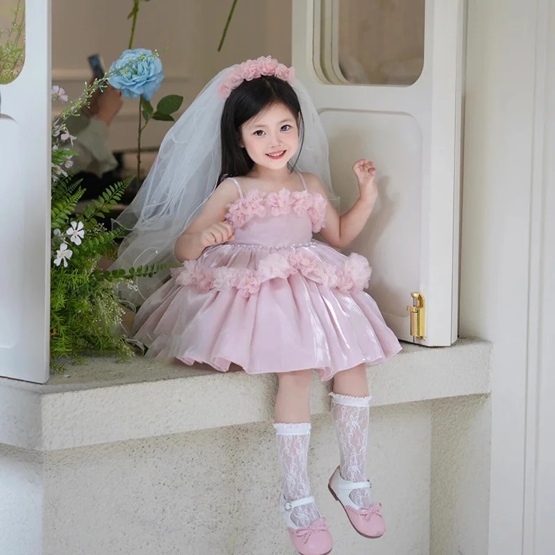

Sling Flower-Adorned Pearls Pink Girl Dress Kids Elegant Wedding Evening Party Birthday Baptism Princess Ball Gown Christmas Dr