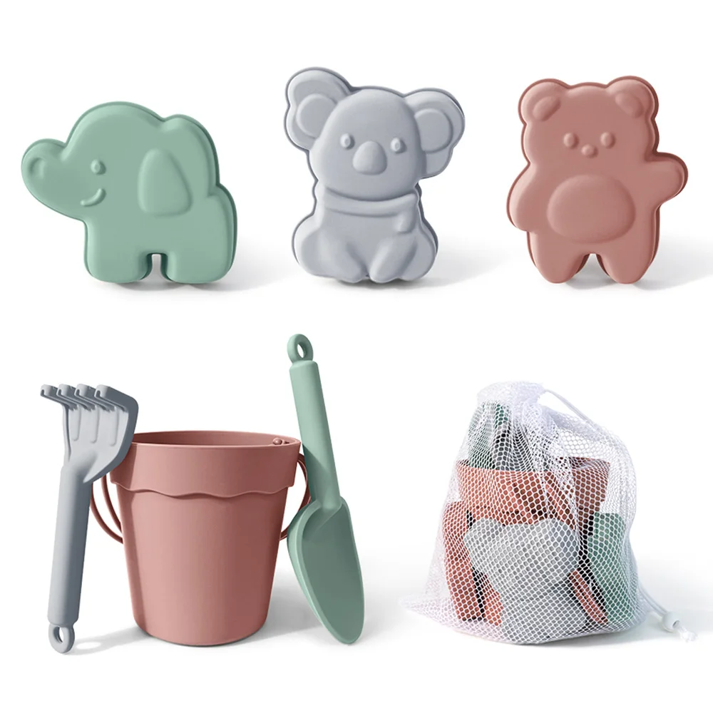 Food grade silicone non-toxic and environmentally friendly material beach bucket with shovel rake and cute pet toy accessories