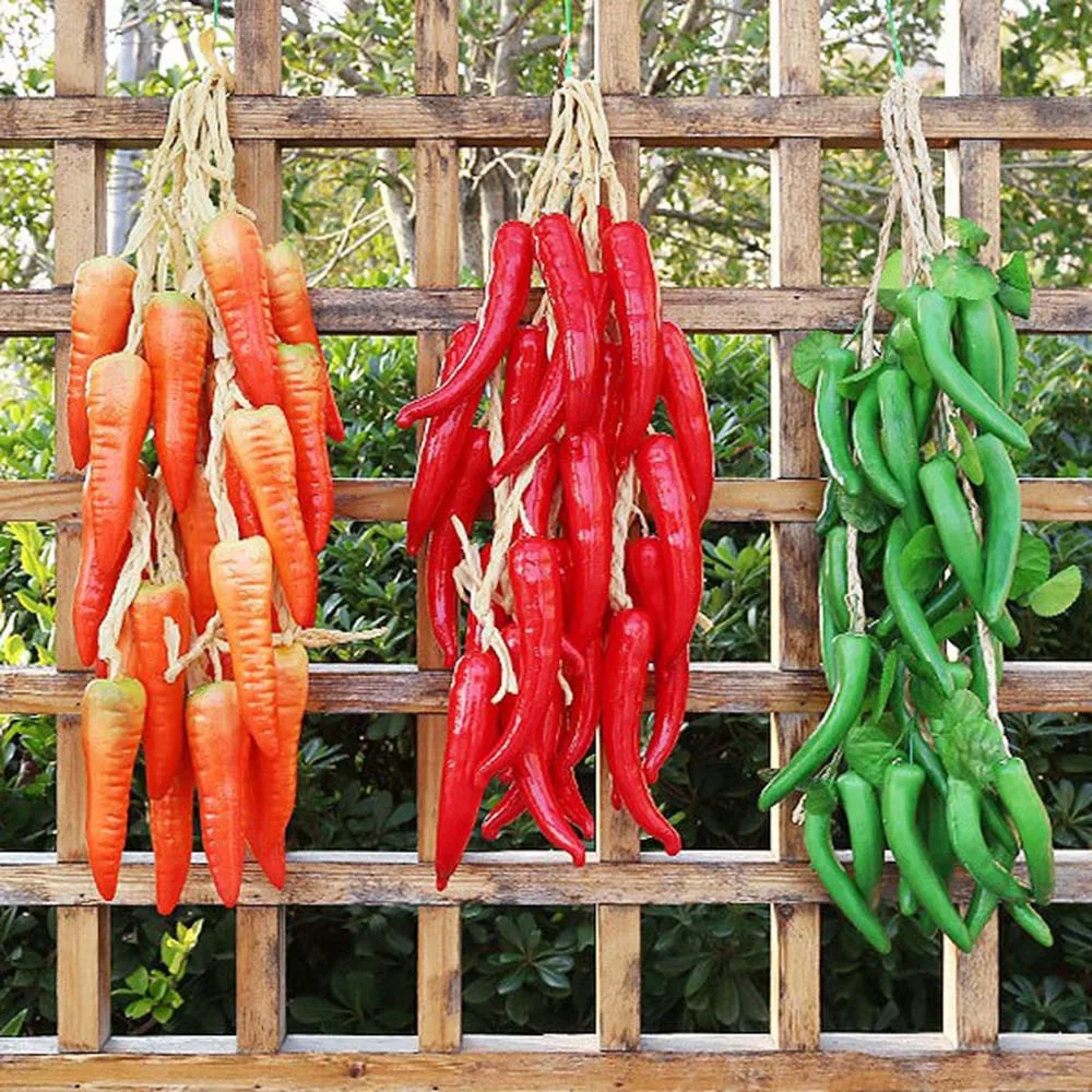 Decoración de pared para el hogar: 1 pieza de accesorios de fotografía, pimientos picantes, brochetas de chile, frutas y verduras artificiales de simulación.