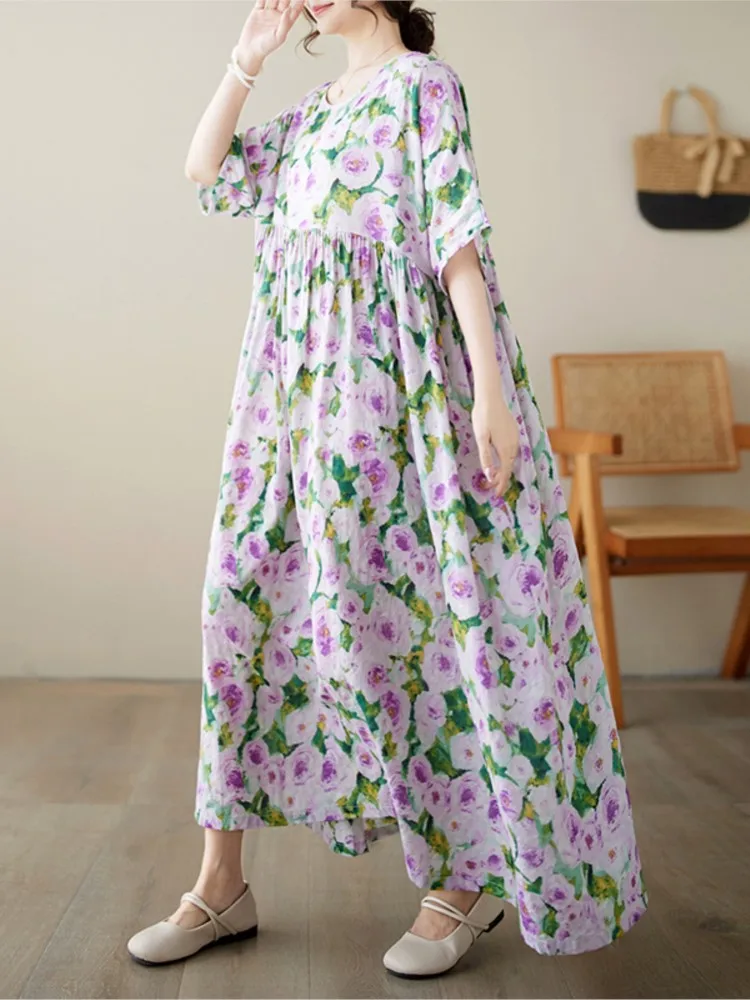 Vestido largo de verano con estampado Floral para mujer, traje holgado con volantes, plisado, informal, a la moda