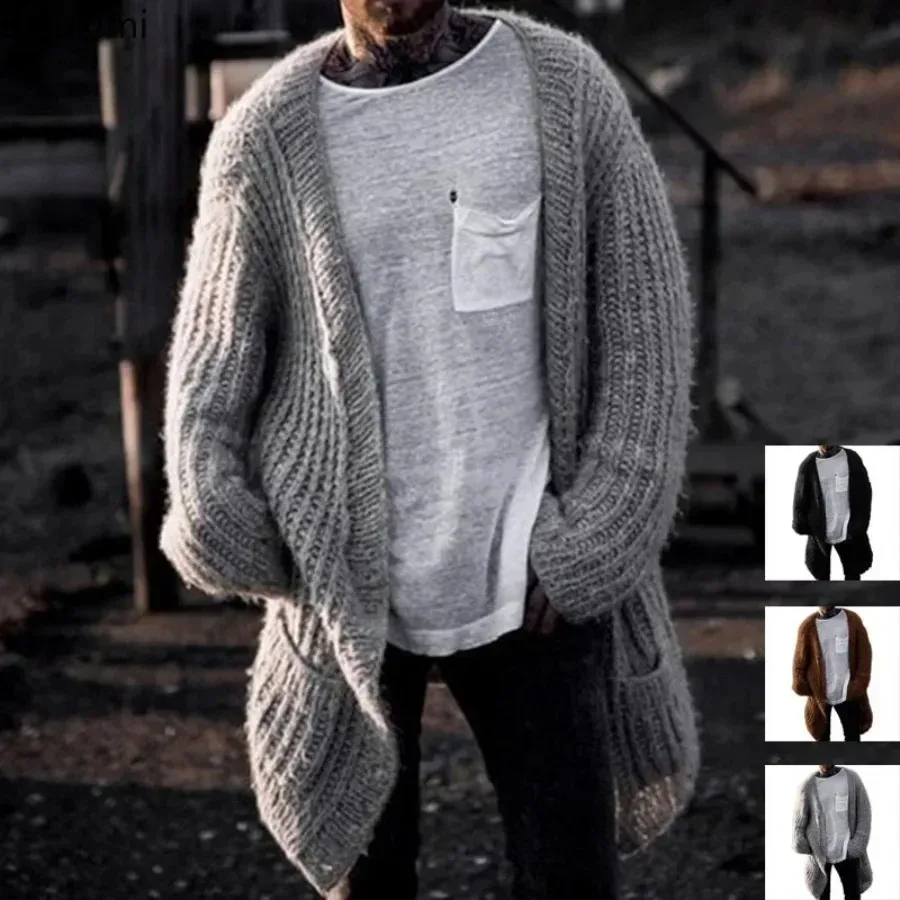 

2025 Men's Thick Warm Knitted Cardigan Sweater Long Sleeve Loose Streetwear Knitted Mid Length Coat Jacket Men's Winter Clothing
