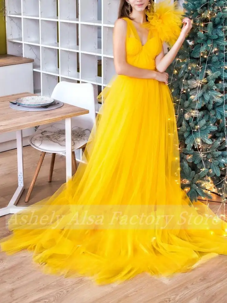 Simple Elegant Yellow Women Evening Dresses One Shoulder A Line Long Formal Occasion Dress Party Prom Gown Robe De Soiree Femmes