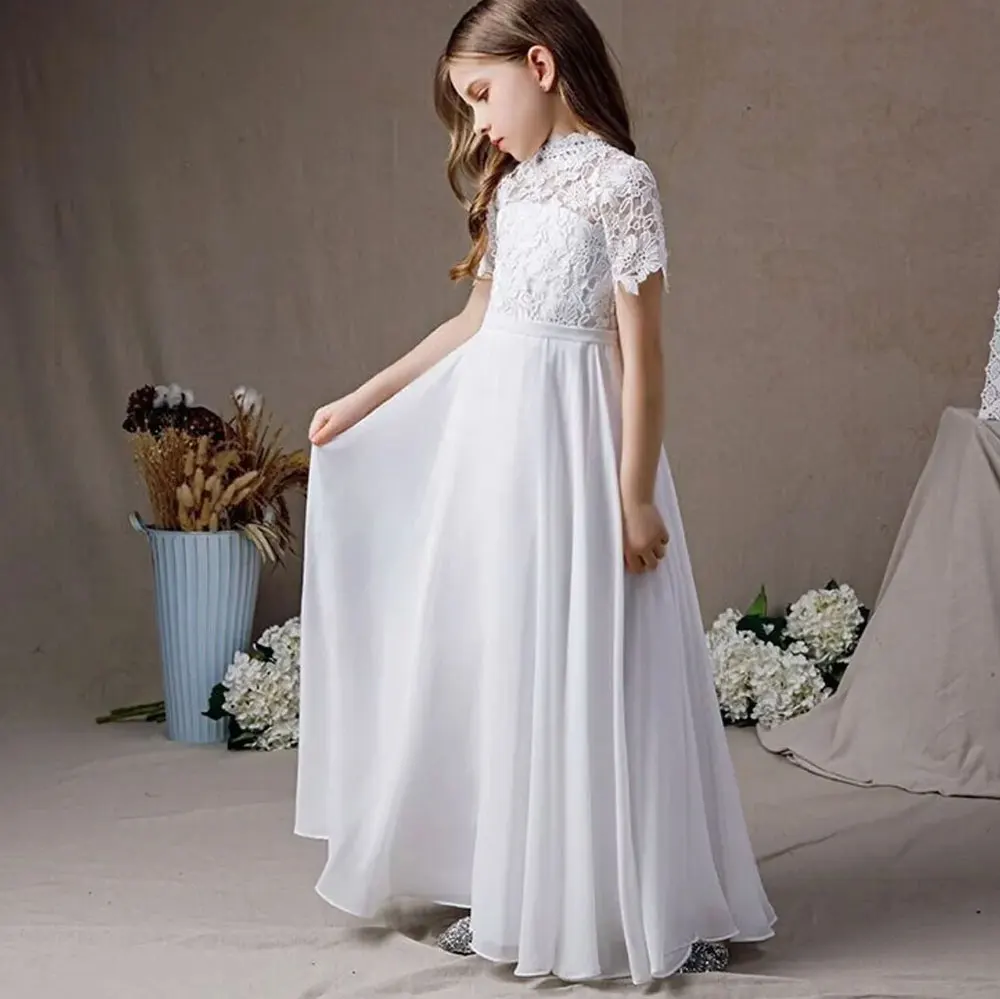 

White Lace Holy First Communion Dress High Neck Long Chiffon Flower Girl Dresses Short Sleeves Junior Bridesmaid Wedding Dresses