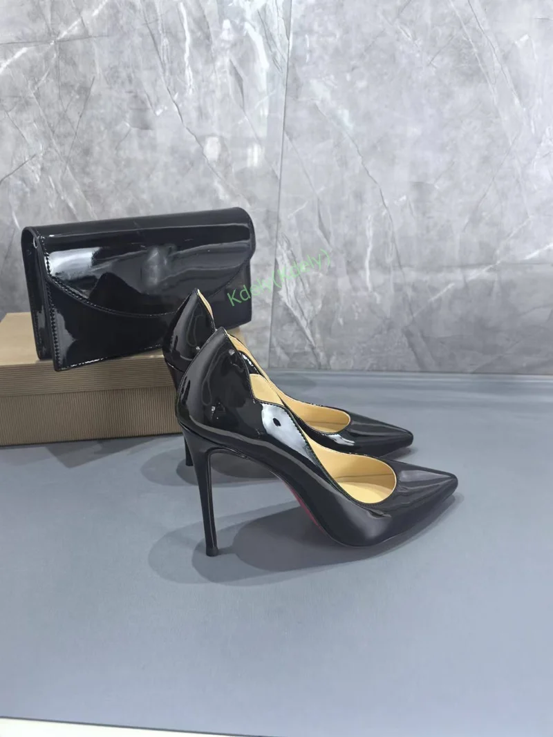 Classic Black Leather Woman Thin High Heels Pumps With Mini Bag Set Pointed Toe Lady Female Slip On Party Wedding Shoes With Bag