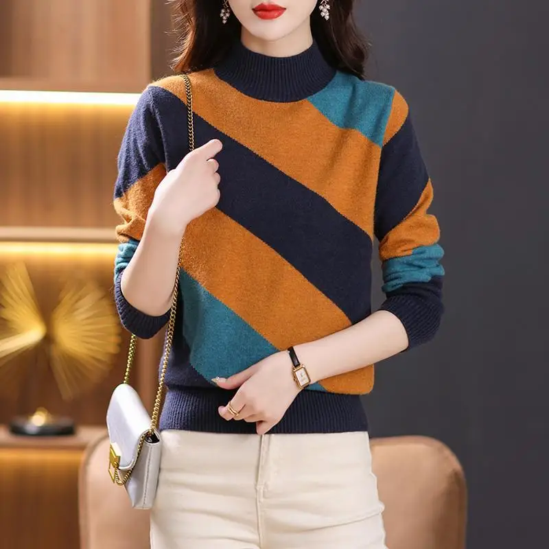 

New Fashionable Straight Wide Striped Long Sleeve Top Korean Half High Neck Short Sweater for Women Autumn Winter Clothes 2026