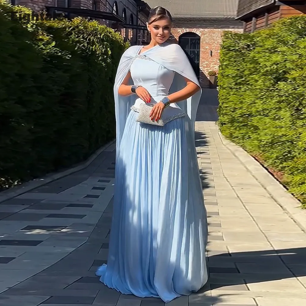 Eightale Himmelblaues Abendkleid, maßgeschneidertes, perlenbesetztes Korsett mit Falten, A-Linie, Abschlussball, Hochzeit, Partykleid, Vestidos De Fiesta