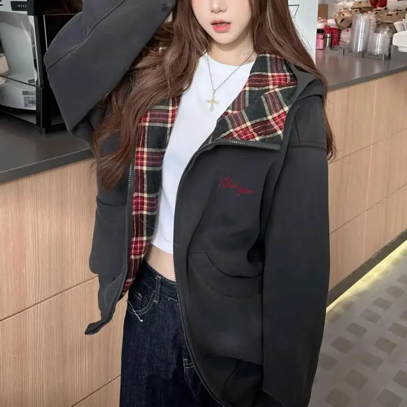 

Vintage Plaid Contrasting Colors Hoodies Autumn Winter New American Hooded Female Clothing Zipper Casual Loose Basic Sweatshirts