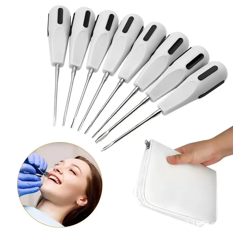 

Набор из 8 микроинвазивных стоматологических элеваторов, нержавеющая сталь с белыми ручками, изогнутые/прямые экстракторы для удаления корней