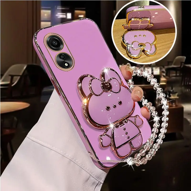 Diamond Strap Mirror Rabbit Phone Holder Case For Oppo A31 A32 A35 A36 A38 A58 A58X A57 A55 A54 A52 4G 5G 2020 2022 Stand Cover