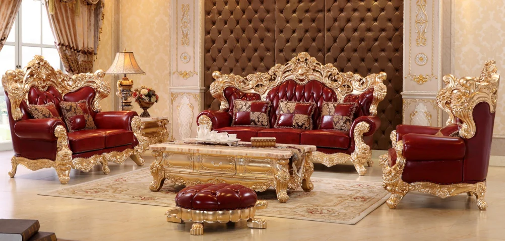 New Design Antique Sofa European Style Classic Living Room Sofa(old) High Density Hard Foam Seating Genuine Leather Sofa Sets