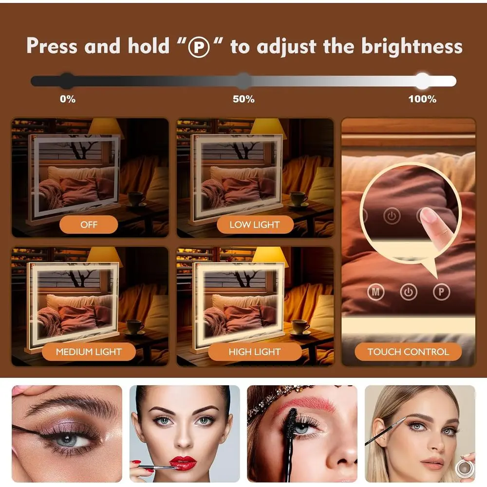 Miroir de courtoisie Hollywood éclairé, compact grossissant 23 x 19, 10X, modes d'éclairage 3 couleurs activés par le contact