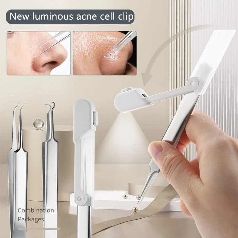 Pęseta do wągrów z podświetleniem, narzędzie do usuwania zaskórników, igła do trądziku, ultra-drobna, do salonów kosmetycznych i pielęgnacji twarzy.