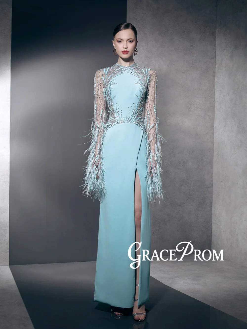 

New Arrival Beaded Evening Dress With Feathers Long Sleeved Satin Straight Formal Party Gown 2026 Customized Banquet Dresses