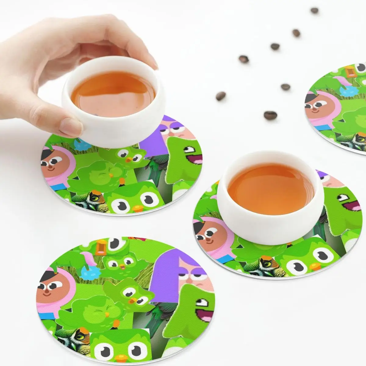 Подставки под кружки Duolingo Owl Duo из ПВХ-кожи, нескользящие коврики для кофе, декоративные подставки для дома, кухни, столовой, набор из 6 штук