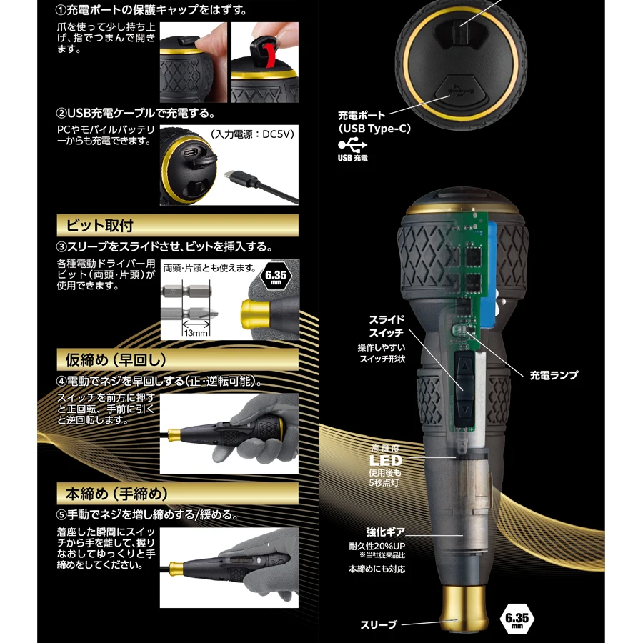 VESSEL 220USB-1GL 110th Anniversary Gold Edition Cordless Electric Screwdriver 3.7V 3N.m USB-C