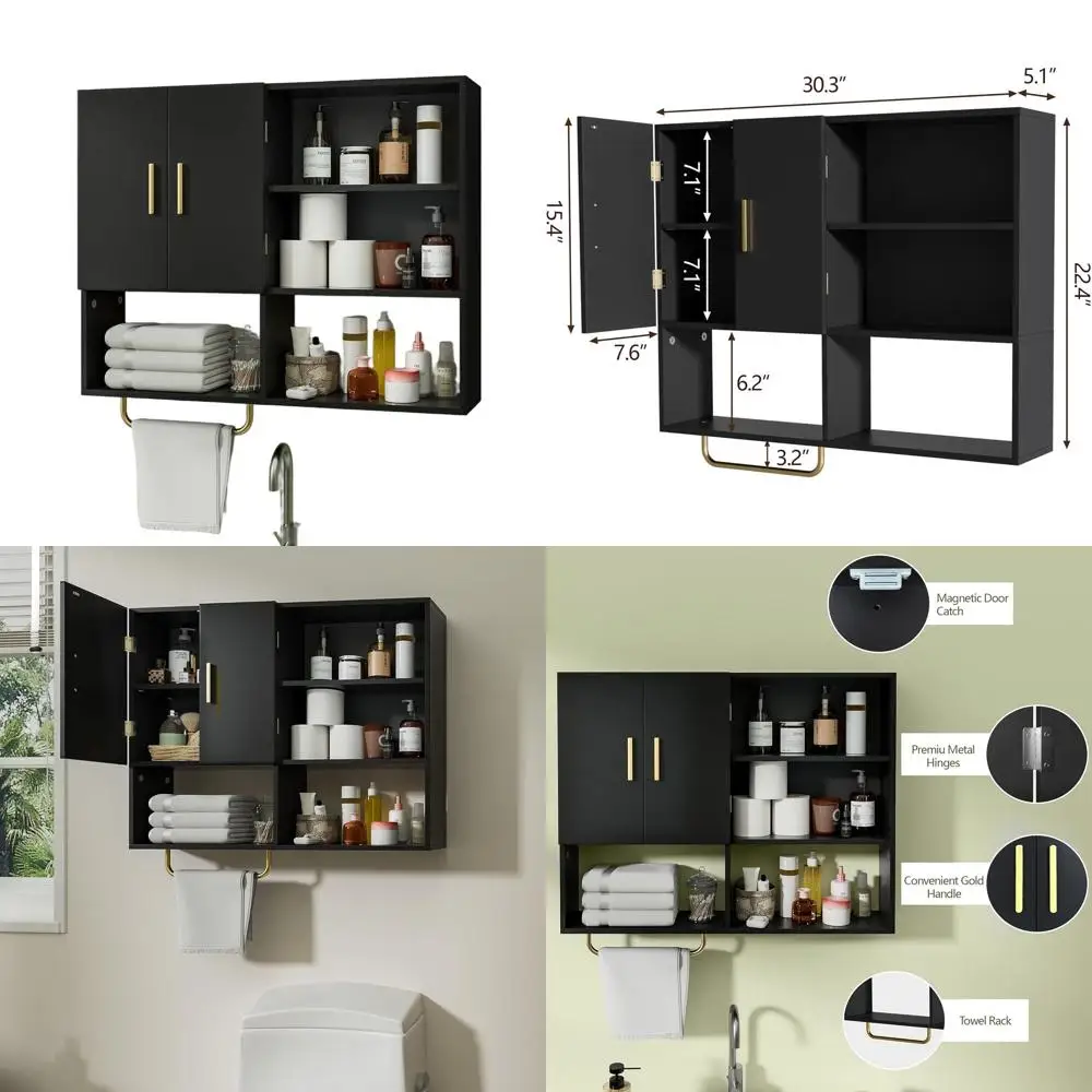 

Large Wooden Wall-Mounted Medicine Cabinet with 2 Doors, 4 Shelves, and Towel Bar for Over Toilet Storage in Black