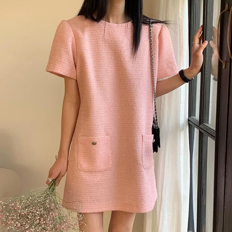 

Women's Fragrant Round Neck Loose Casual Short Sleeved Tweed Dress
