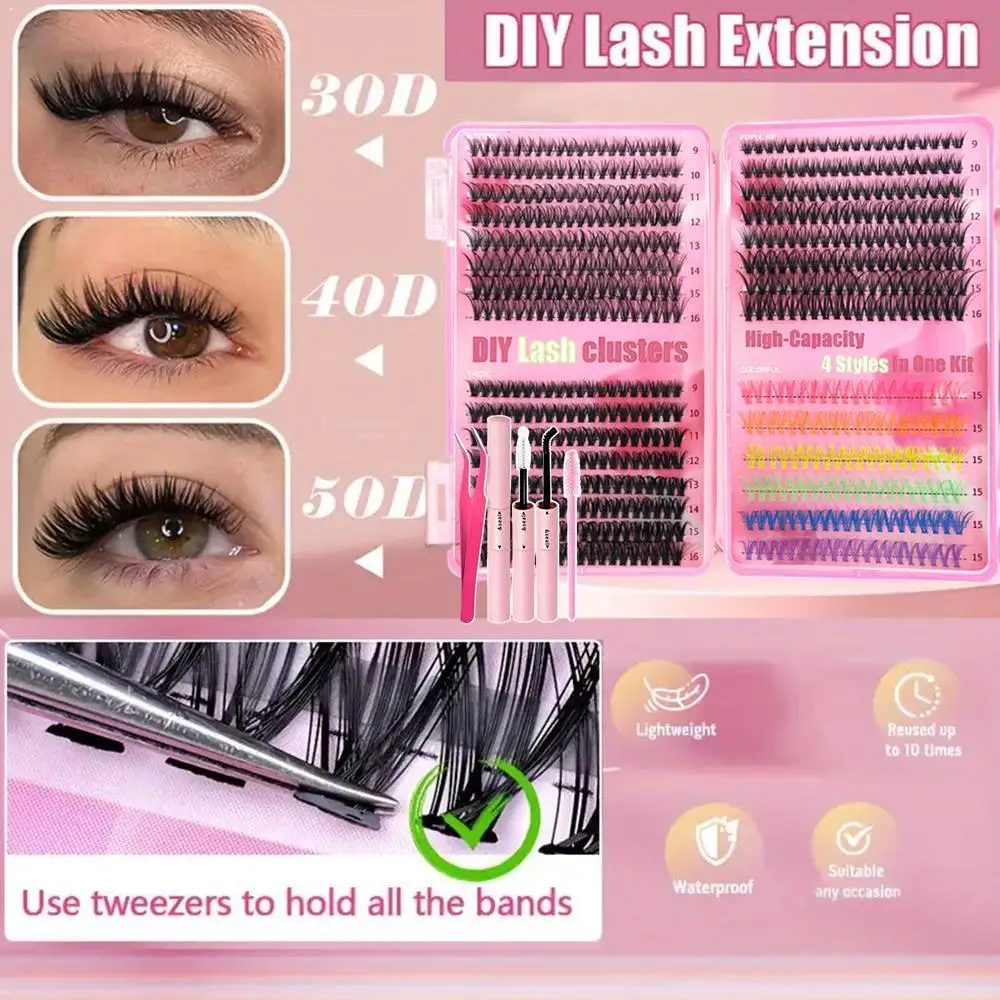 

Pink DIY Eyelash Extension Kit Large Capacity 30D-50D Cluster Lashes Pack With Color Accents Mixed 9-16mm Waterproof Eye Tail