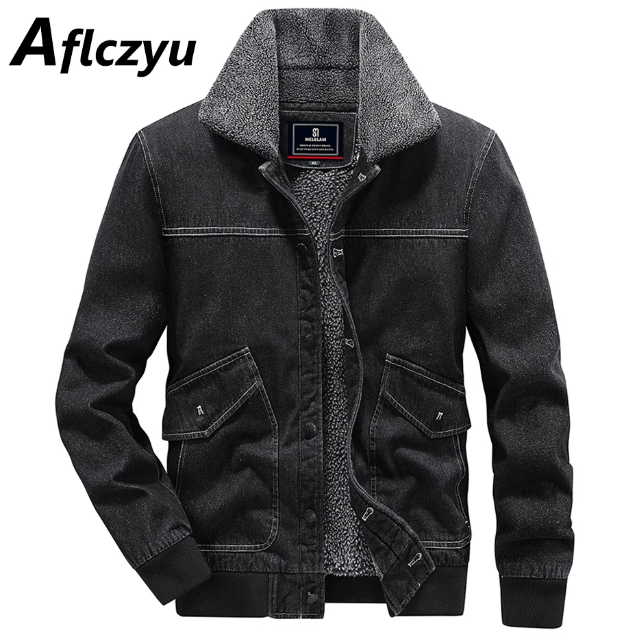 

Vintage Fleece Denim Jacket Men Autumn Winter Thick Denim Coat Male Fashion Casual Jean Jackets Black