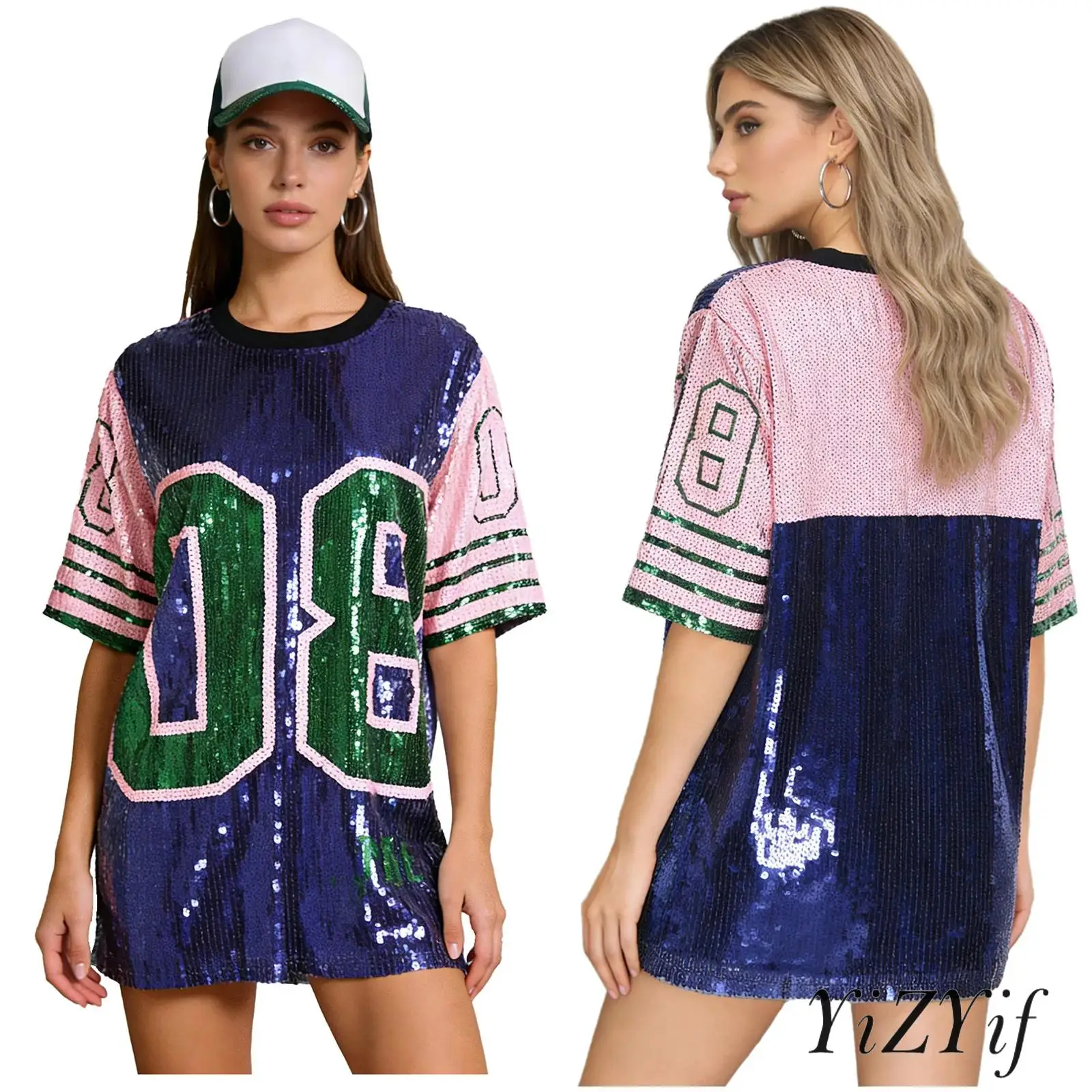 

Womens Stylish Casual T-shirt Top Glittery Sequin Number Graphic Color Blocking Oversized Top Outfit for Sporty Ball Fan Costume