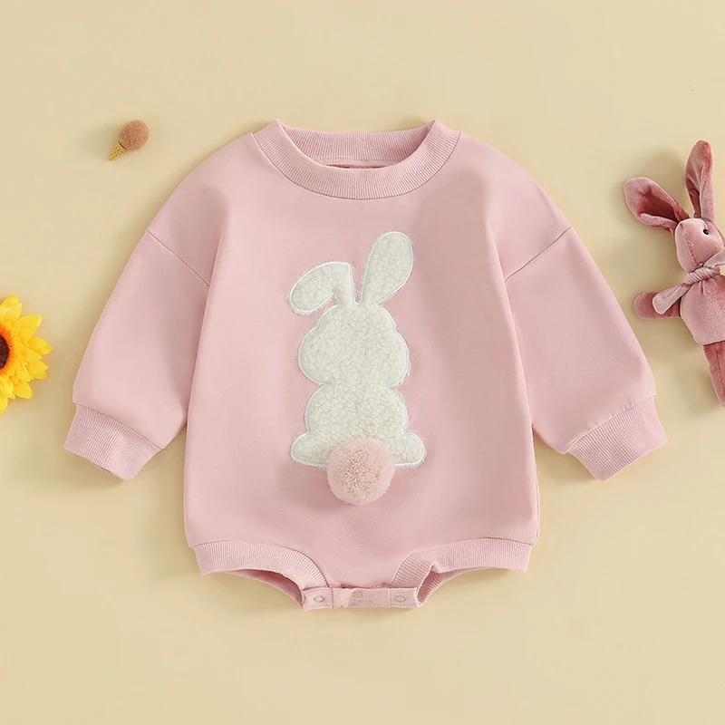 Infant Baby Easter Outfits Long Sleeve Sweatshirt Jumpsuit Fuzzy Bunny Embroidery Round Neck Romper Cute Baby Bodysuits Costume