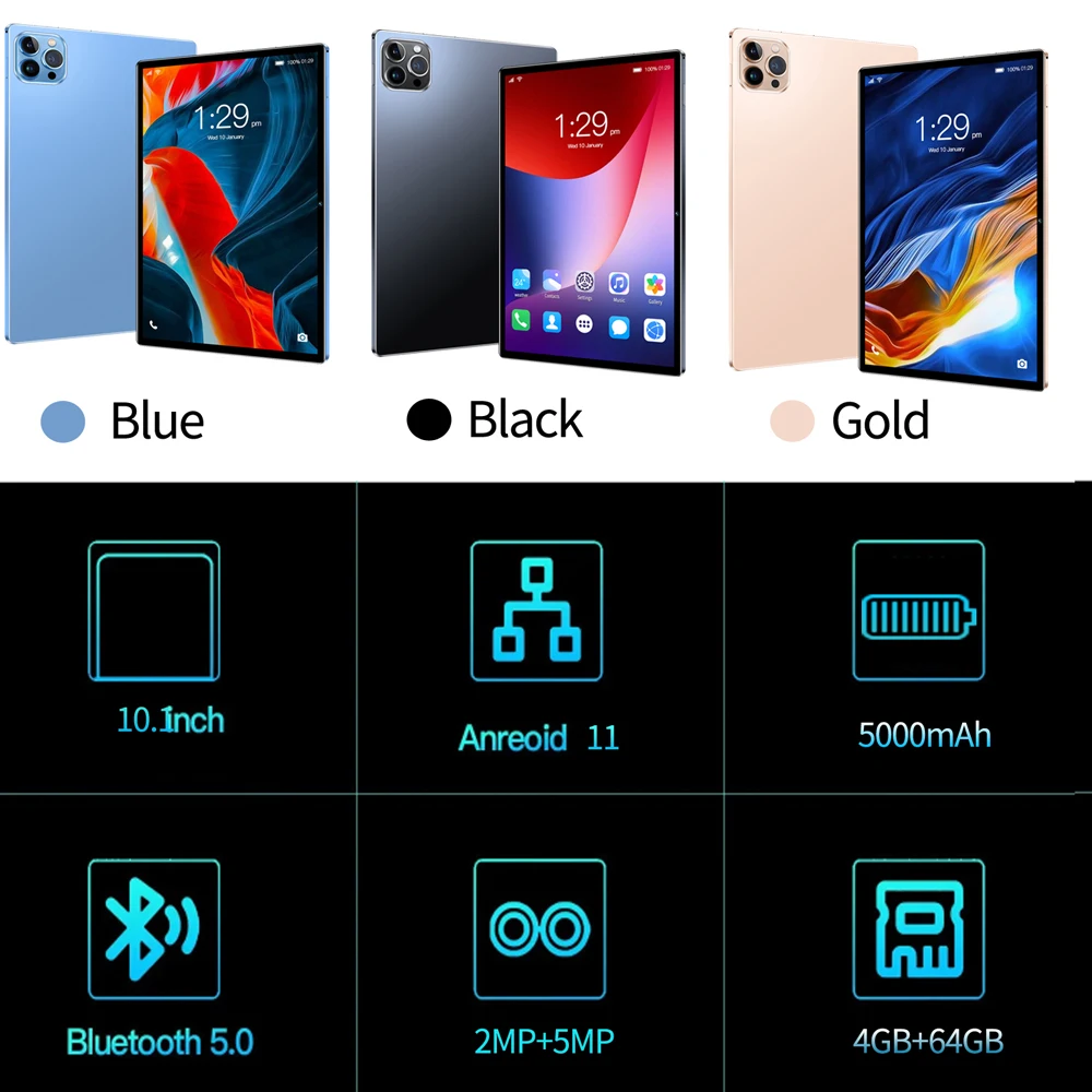 Nueva tableta Android global de 10,1 pulgadas con núcleos octa, 4 GB de 64 GB de ROM, cámaras duales, tarjetas SIM duales, tableta 3G, Android 11