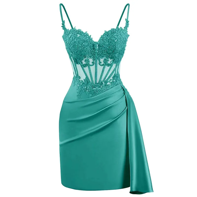 

Sexy Blue Short Prom Homecoming Dress Straps Sweetheart Lace Appliques Pleats Satin Mini Birthday Party Dresses Club Night Gowns
